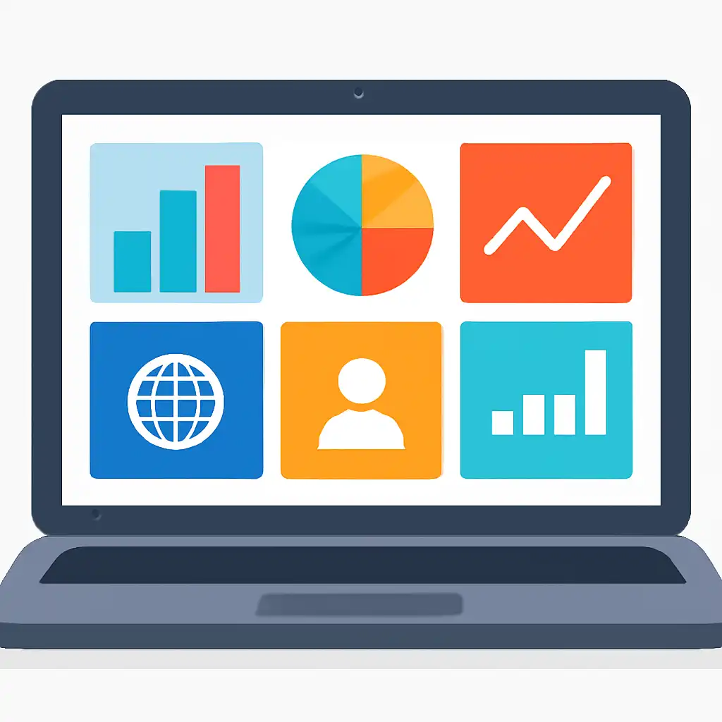 Laptop shown from the front displaying a colourful flat dashboard of abstract charts, bars and icon tiles, Shillong Teer