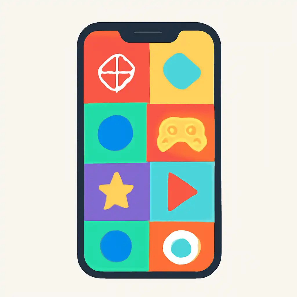 Smartphone shown from the front displaying a colourful flat layout of abstract game icons and rounded tiles, Getting