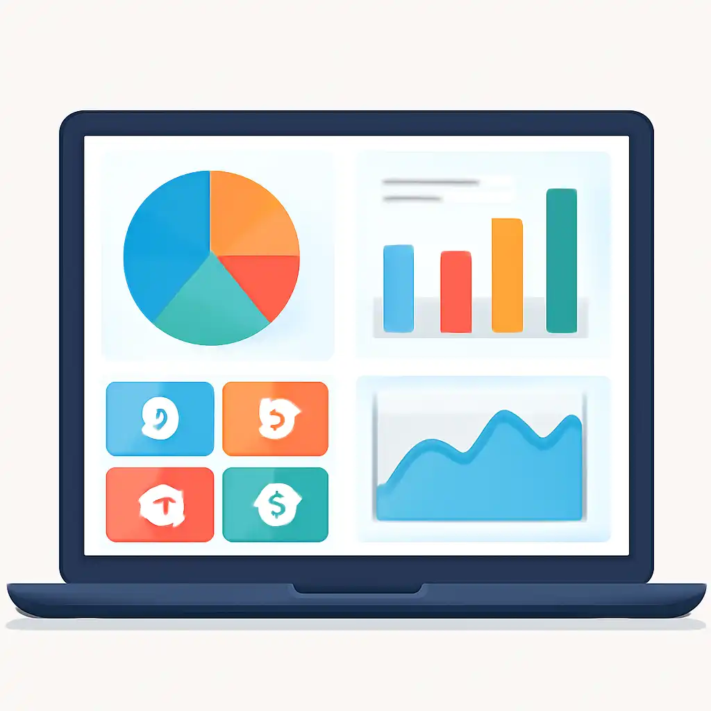 Laptop shown from the front displaying a colourful flat dashboard of abstract charts, bars and icon tiles, Getting Started
