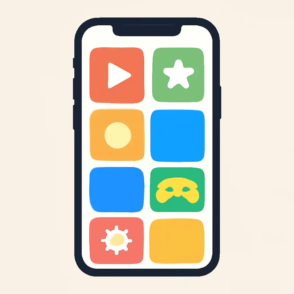 Smartphone shown from the front displaying a colourful flat layout of abstract game icons and rounded tiles, shillong teer