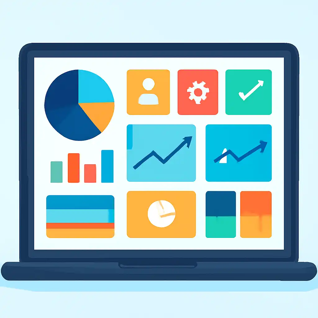 Laptop shown from the front displaying a colourful flat dashboard of abstract charts, bars and icon tiles, shillong teer