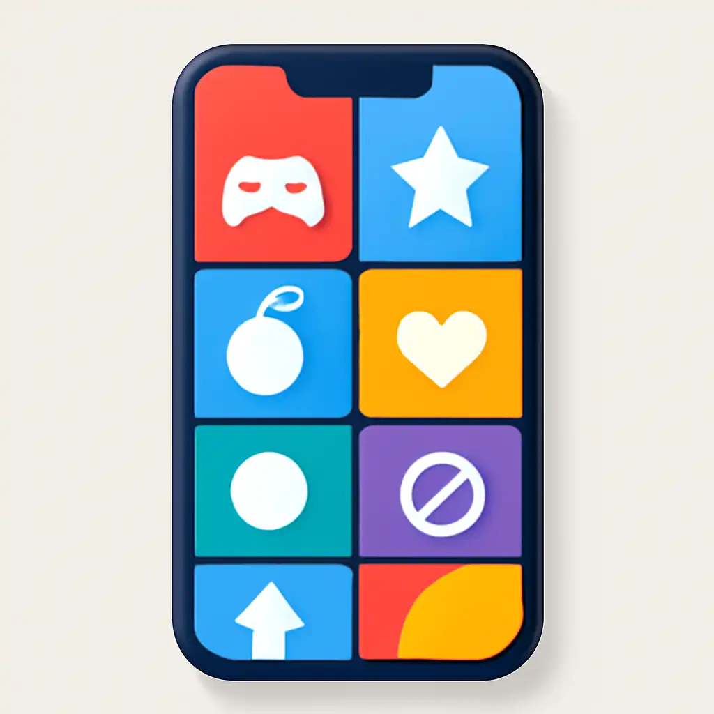 Smartphone shown from the front displaying a colourful flat layout of abstract game icons and rounded tiles, Common