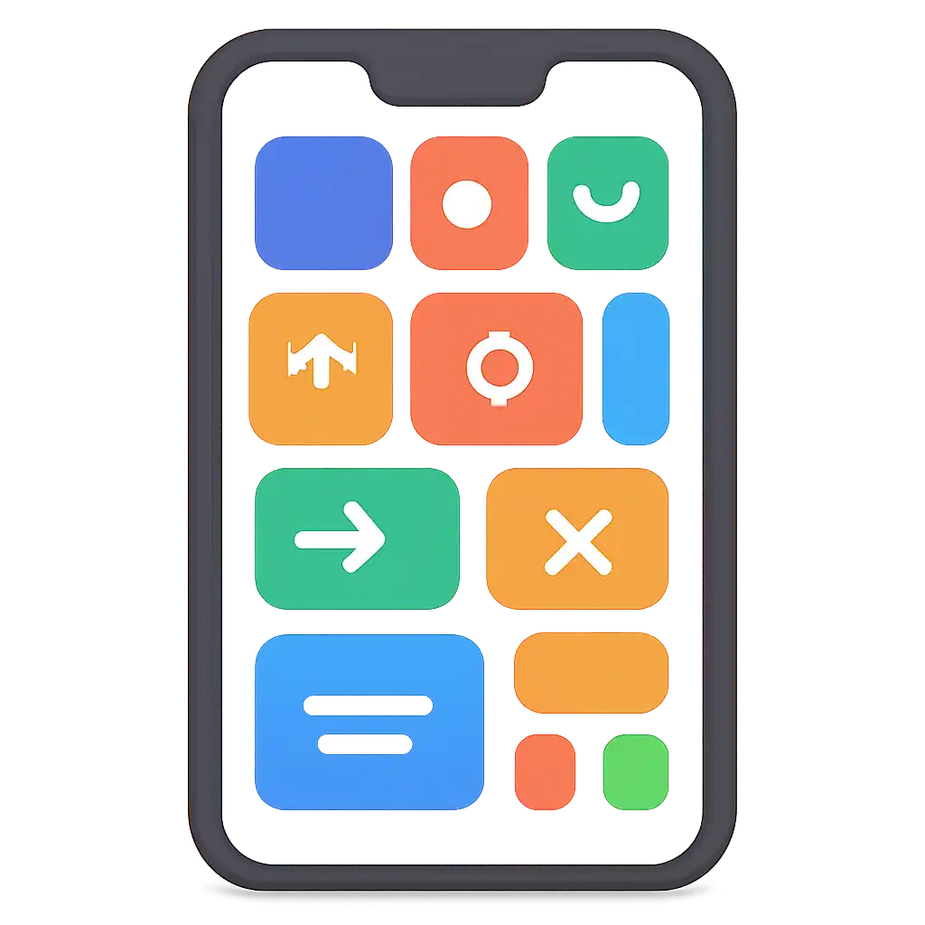 Smartphone shown from the front displaying a colourful flat layout of abstract game icons and rounded tiles, Deposits