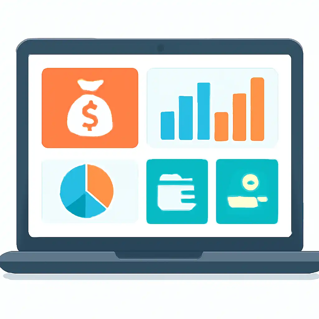 Laptop shown from the front displaying a colourful flat dashboard of abstract charts, bars and icon tiles, Deposits