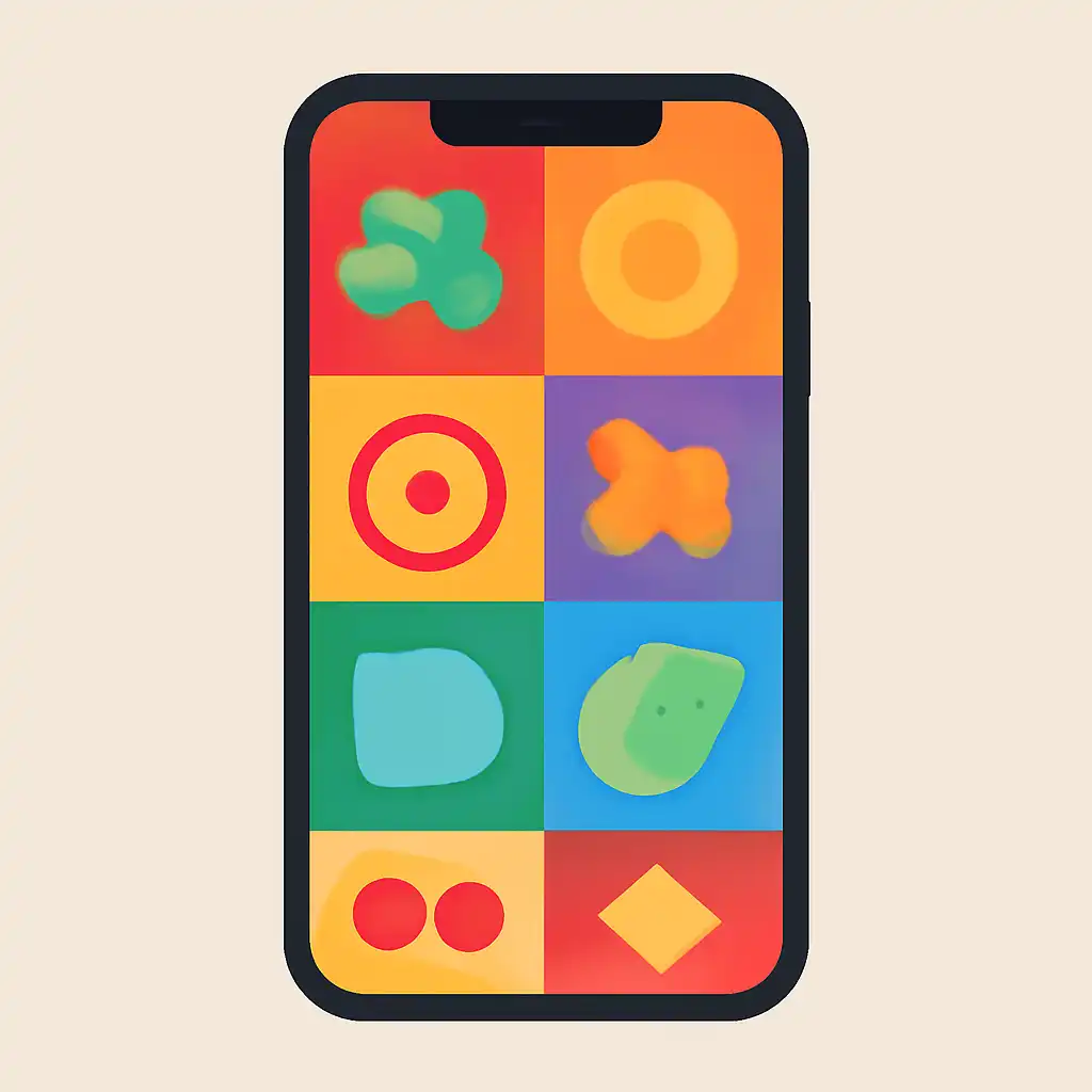 Smartphone shown from the front displaying a colourful flat layout of abstract game icons and rounded tiles, What shillong