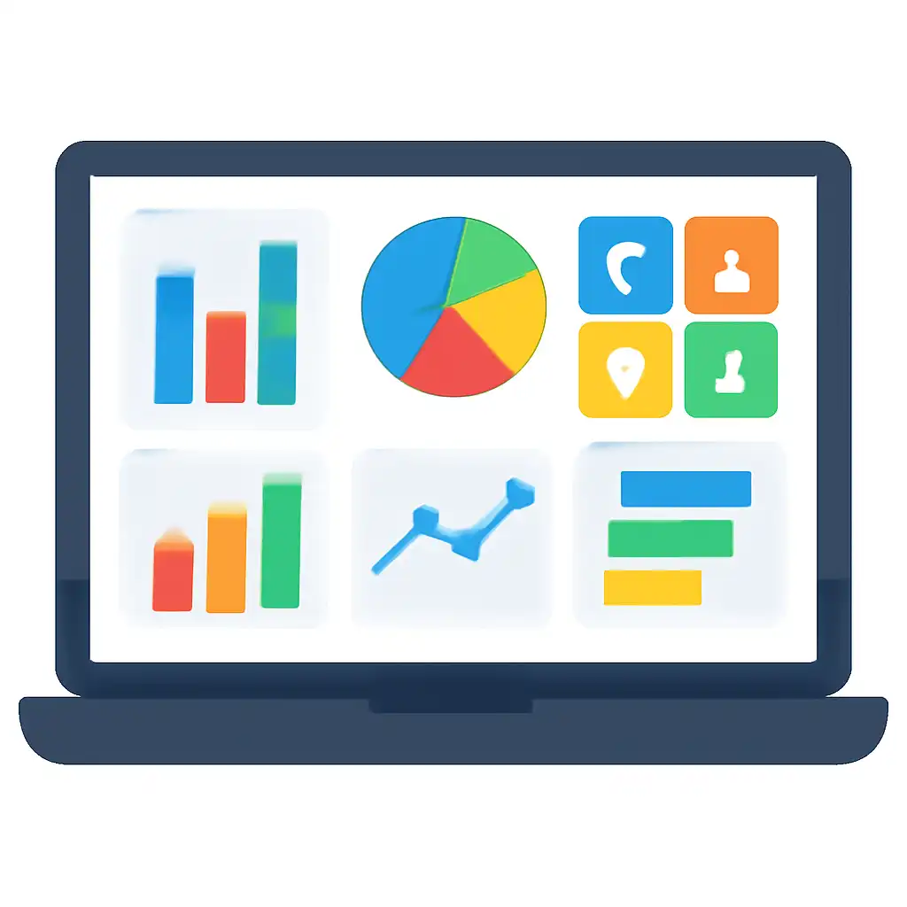 Laptop shown from the front displaying a colourful flat dashboard of abstract charts, bars and icon tiles, What shillong