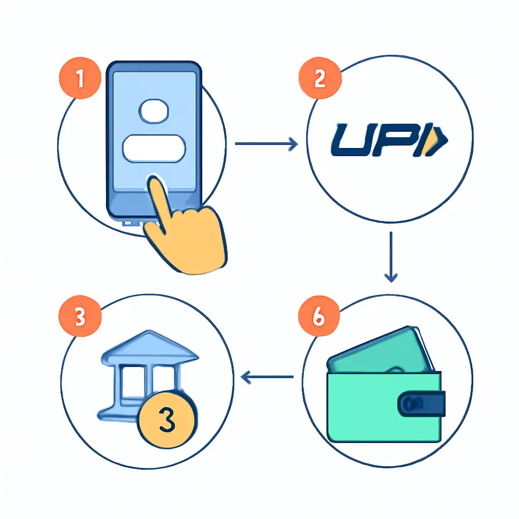 Annotated step diagram: upi deposits process with numbered callouts, Shillong Teer Result